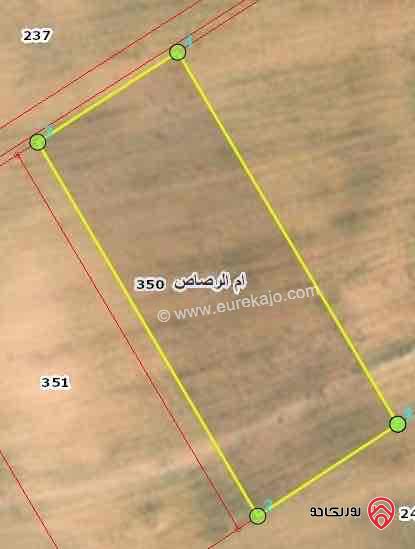 قطعة ارض في منطقة ام الرصاص جنوب عمان حوض الجنوبي مساحتها 4669م تبعد عن الشارع الرئيسي 12 كيلومتر و عن المطار 26 كيلومتر 