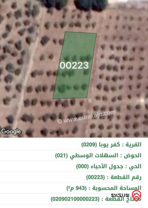 قطعتين أرض للبيع مساحة القطعة الأولى 943م ومساحة الثانية 986م في اربد - كفر يوبا 